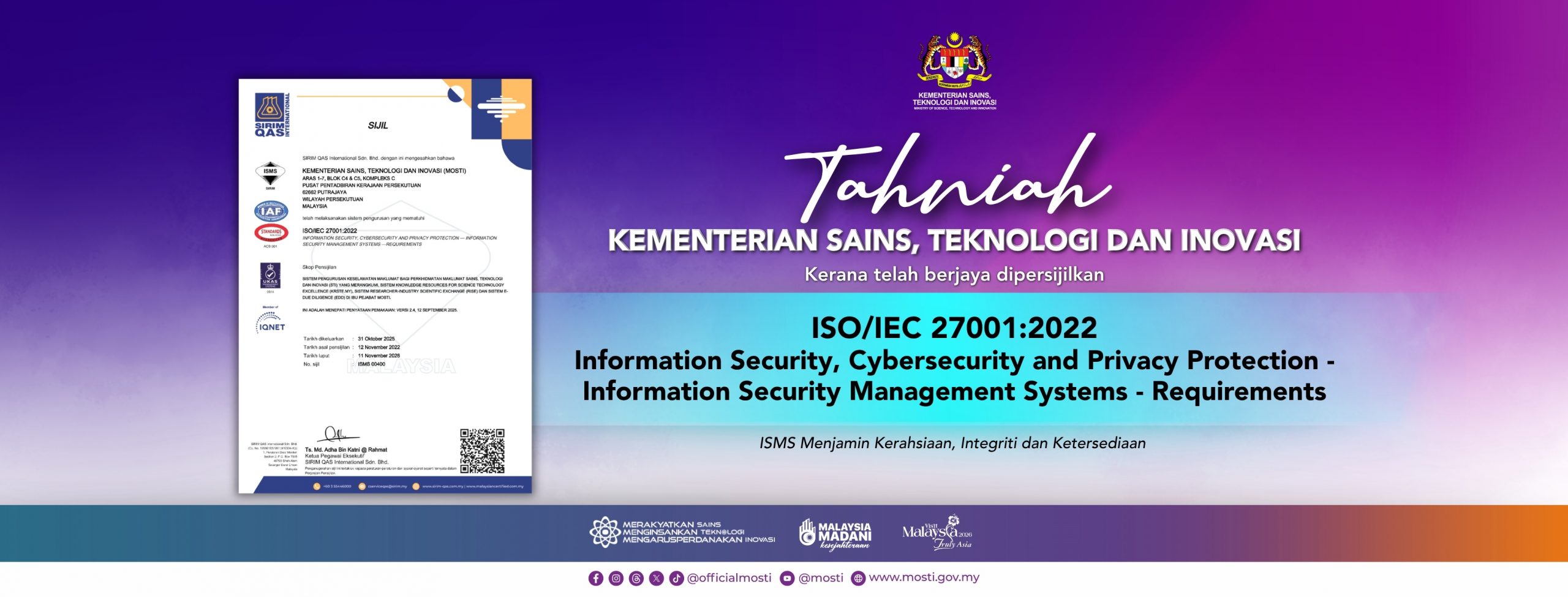 MOSTI Raih Pensijilan ISO/IEC 27001:2022