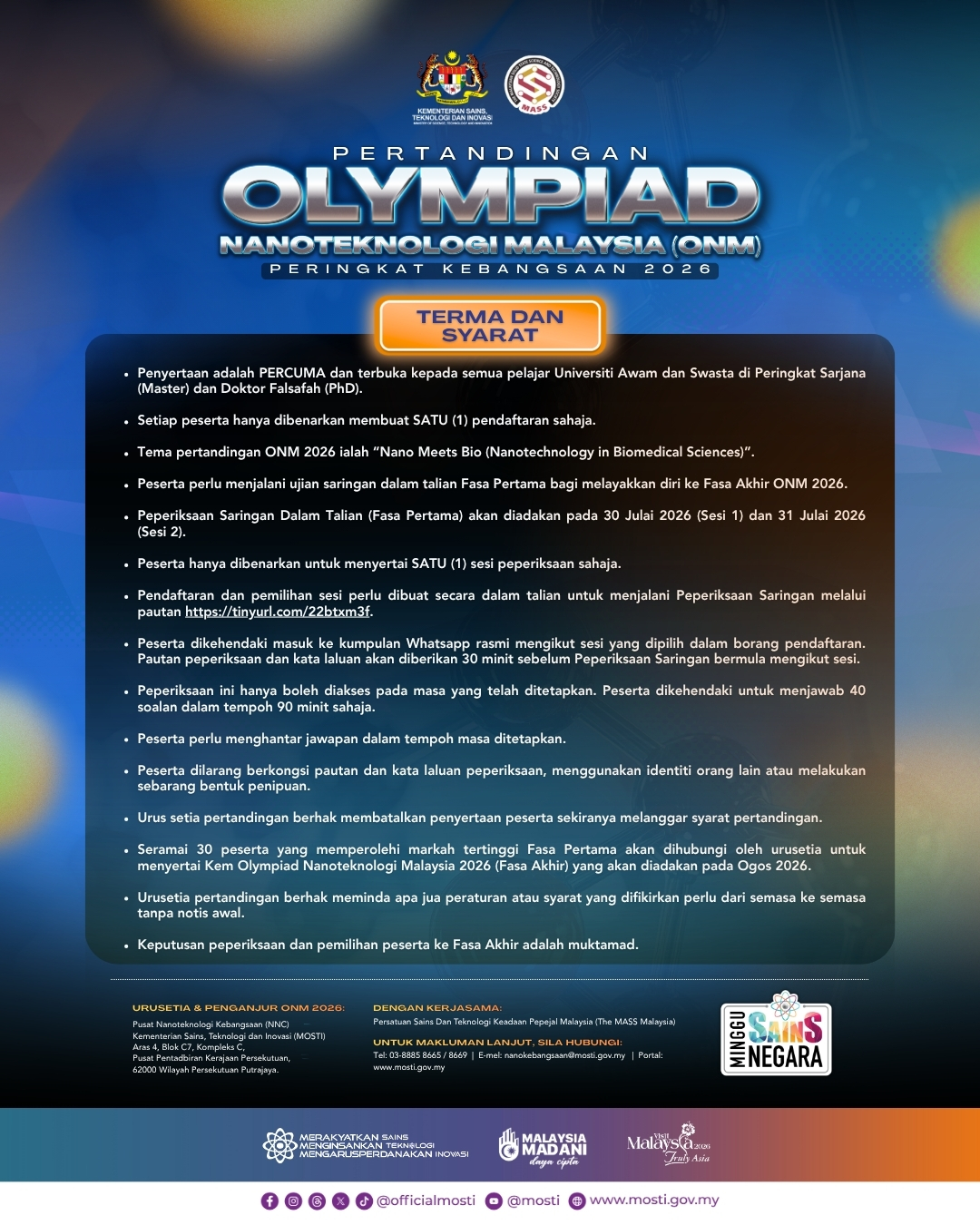 EP HEBAHAN MEDSOS Olympiad Nanoteknologi Malaysia ONM 2026 TERMA SYARAT