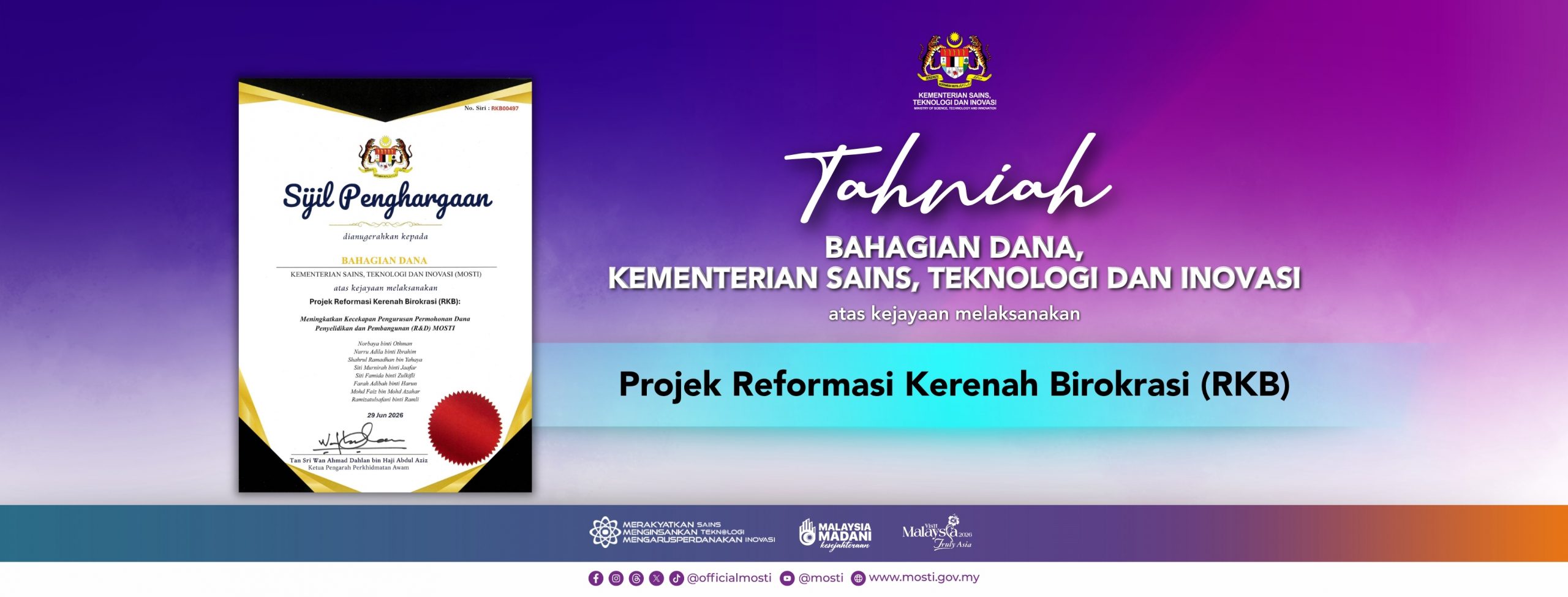 Tahniah MOSTI atas kejayayaan melaksanakan Projek Reformasi Kerenah Birokrasi